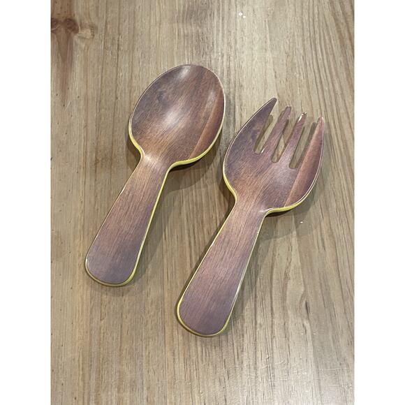 Vintage Salad Servers Decorative Cutlery Yellow Wood Design Spoon Fork Two Piece - Picture 3 of 7